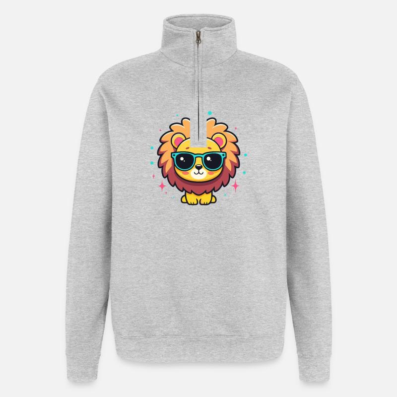 Kawaii-schicker Löwe mit blauer Brille - Quarter-Zip-Sweatshirt - Grau meliert