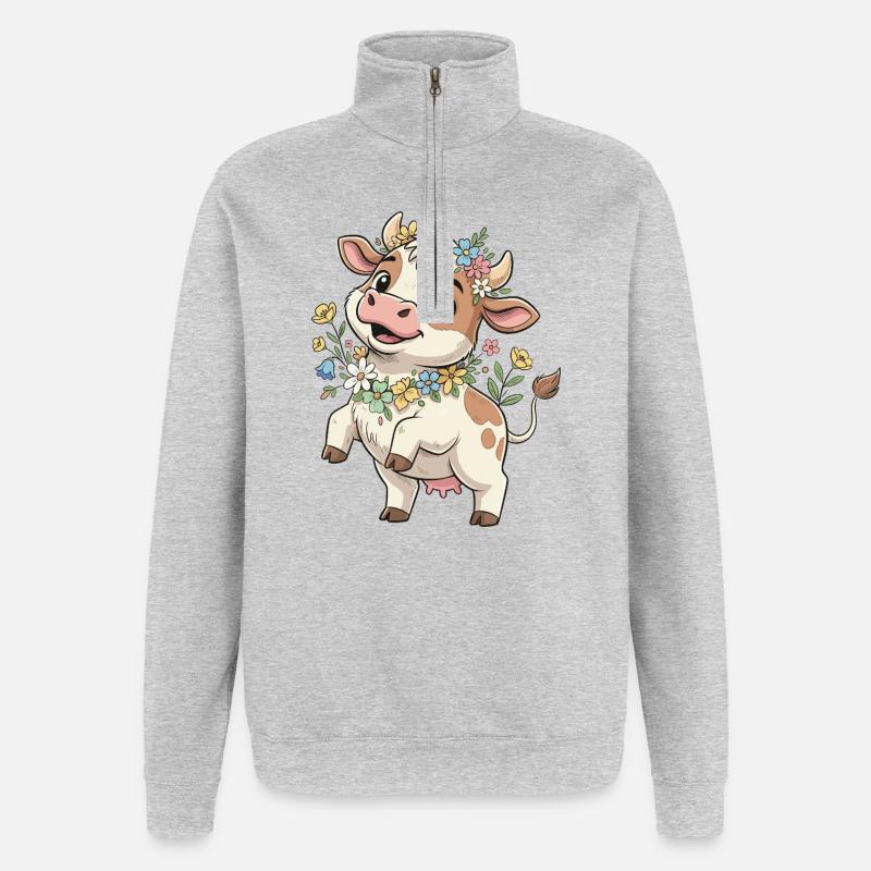 Vache avec une couronne de fleurs - Sweat à zip 1/4 - gris chiné