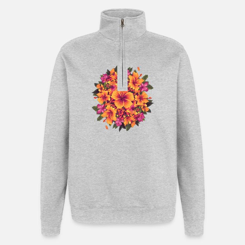 Cercle tropical d’hibiscus - Sweat à zip 1/4 - gris chiné
