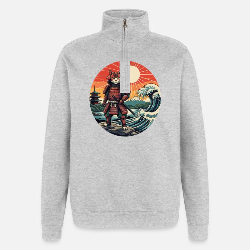 Katzen-Samurai bei Sunset Waves - Quarter-Zip-Sweatshirt - Grau meliert