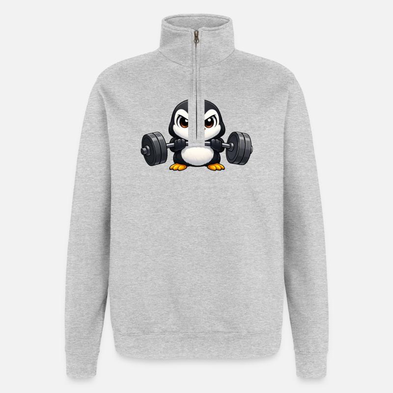 Dessin animé Penguin avec haltère - Sweat à zip 1/4 - gris chiné