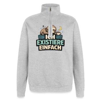 Ich existiere einfach – Faultier Motiv lustig  - Quarter-Zip-Sweatshirt - Grau meliert - Vorne - AI Model Female 172 light (172cm) & AI Model Male 178 dark (178cm)