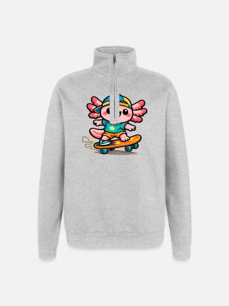 Kawaii Wing Skateboarder Axolotl - Quarter-Zip Sweatshirt - heather grey