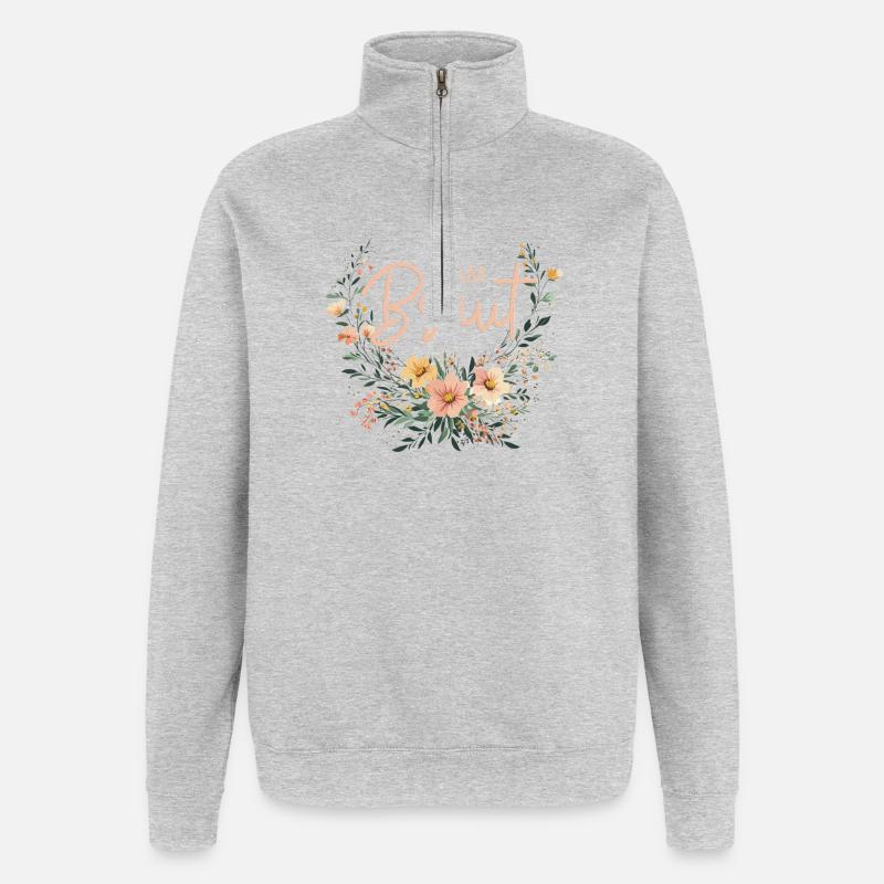 Team Braut! Boho Blumen Bouquet, personalisierbar - Quarter-Zip-Sweatshirt - Grau meliert