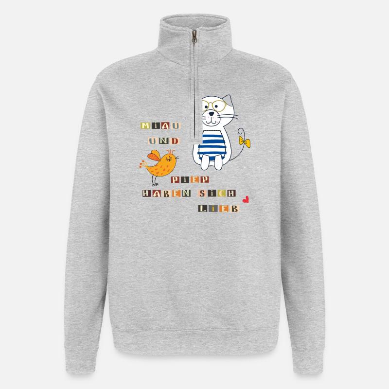 Katze und Vogel - Quarter-Zip-Sweatshirt - Grau meliert