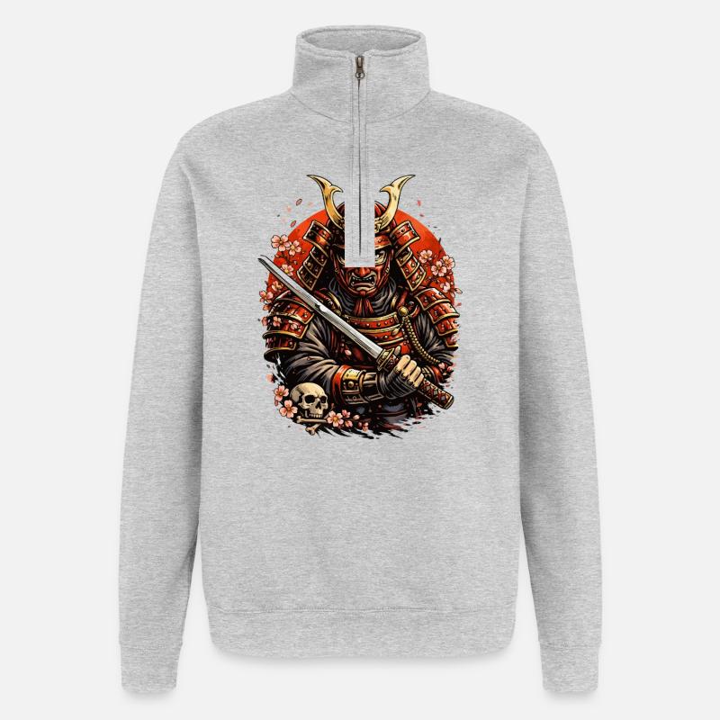 Samurai mit Kirschblüten und Schädel - Quarter-Zip-Sweatshirt - Grau meliert