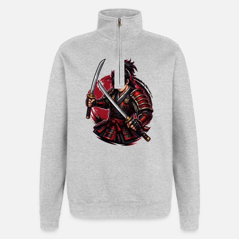 Combattant Samouraï dans Red Swirl - Sweat à zip 1/4 - gris chiné