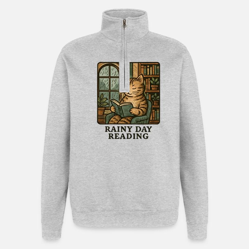 Rain cat reading - Quarter-Zip Sweatshirt - heather grey