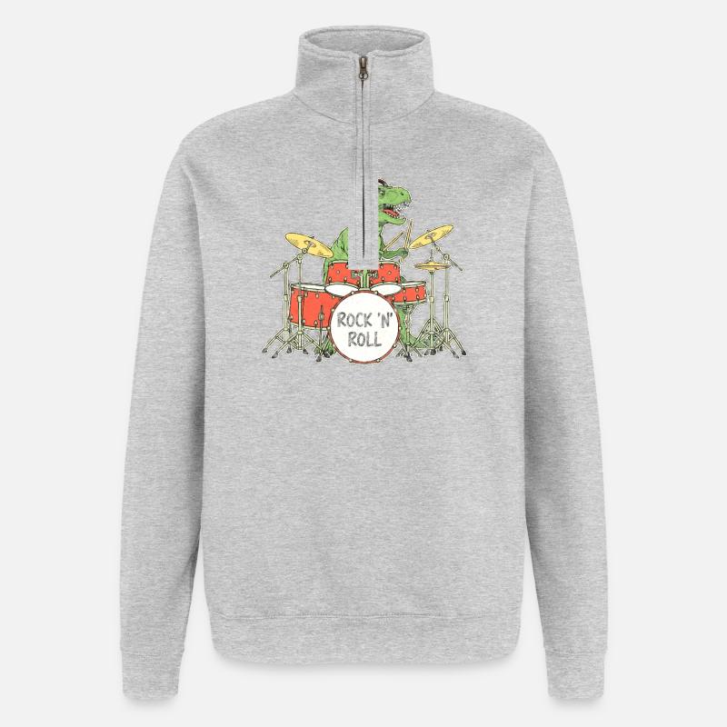 Illustration RocknRoll du batteur Dino - Sweat à zip 1/4 - gris chiné