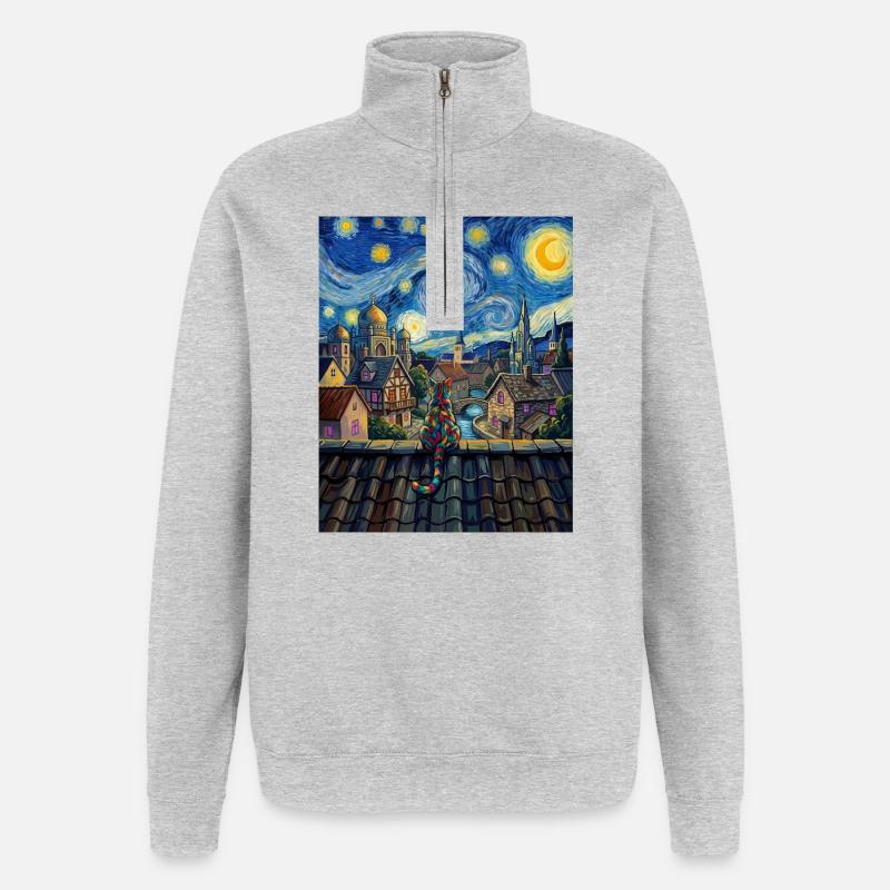 Regenbogenkatze Sternennacht Van Gogh Kunst - Quarter-Zip-Sweatshirt - Grau meliert