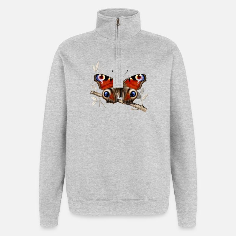 Papillon paon-du-jour sur Branche - Sweat à zip 1/4 - gris chiné