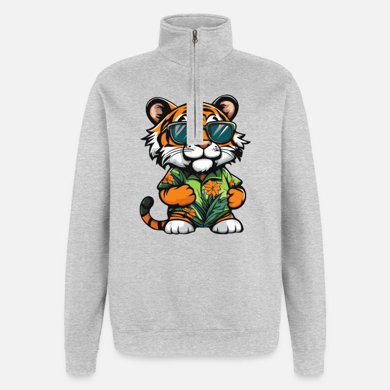 Tiger Comic Urlaub - Quarter-Zip-Sweatshirt - Grau meliert