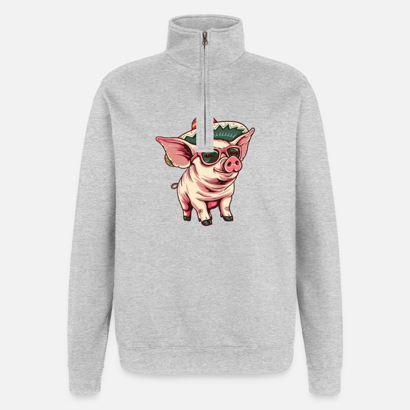 Sombrero comique drôle de cochon - Sweat à zip 1/4 - gris chiné