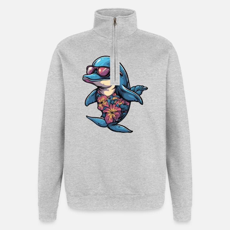 Delfin Comic Urlaub - Quarter-Zip-Sweatshirt - Grau meliert