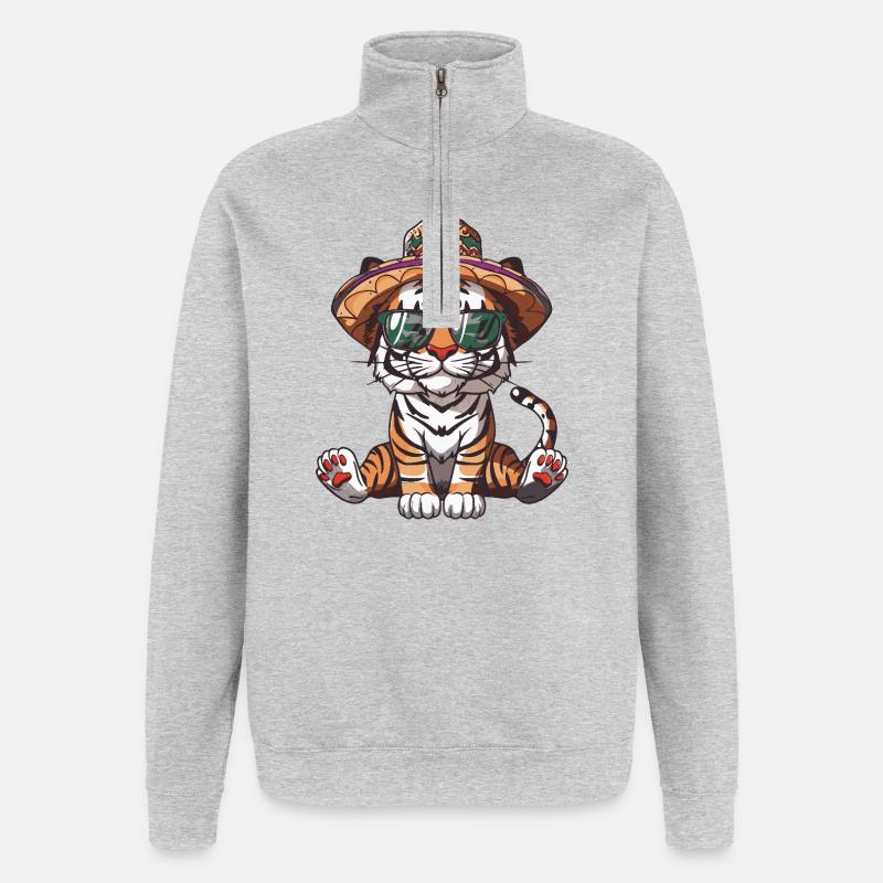 Tiger Comic Lustig Sombrero - Quarter-Zip-Sweatshirt - Grau meliert