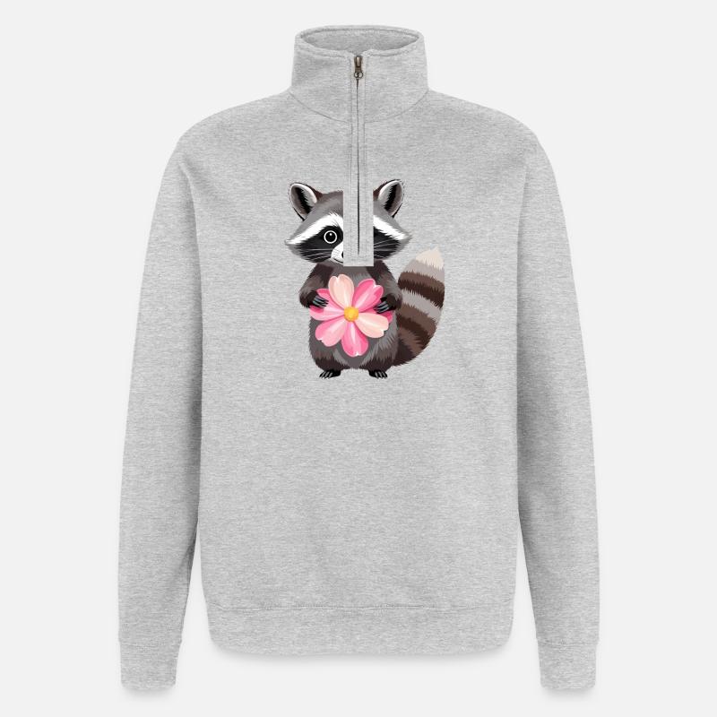 Raton laveur câlin avec une fleur - Sweat à zip 1/4 - gris chiné