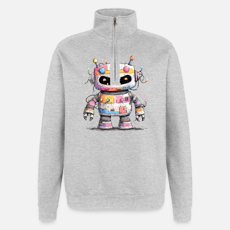 Bunter Roboter mit Farbspritzern - Quarter-Zip-Sweatshirt - Grau meliert