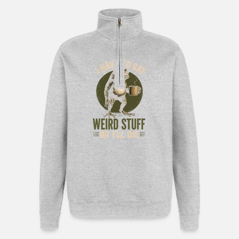 Frog with Coffee Saying Weird Stuff - Quarter-Zip Sweatshirt - heather grey
