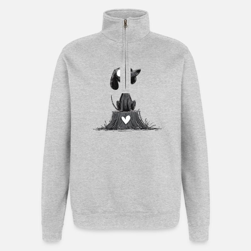 Herzender Hund auf Baumstumpf - Quarter-Zip-Sweatshirt - Grau meliert