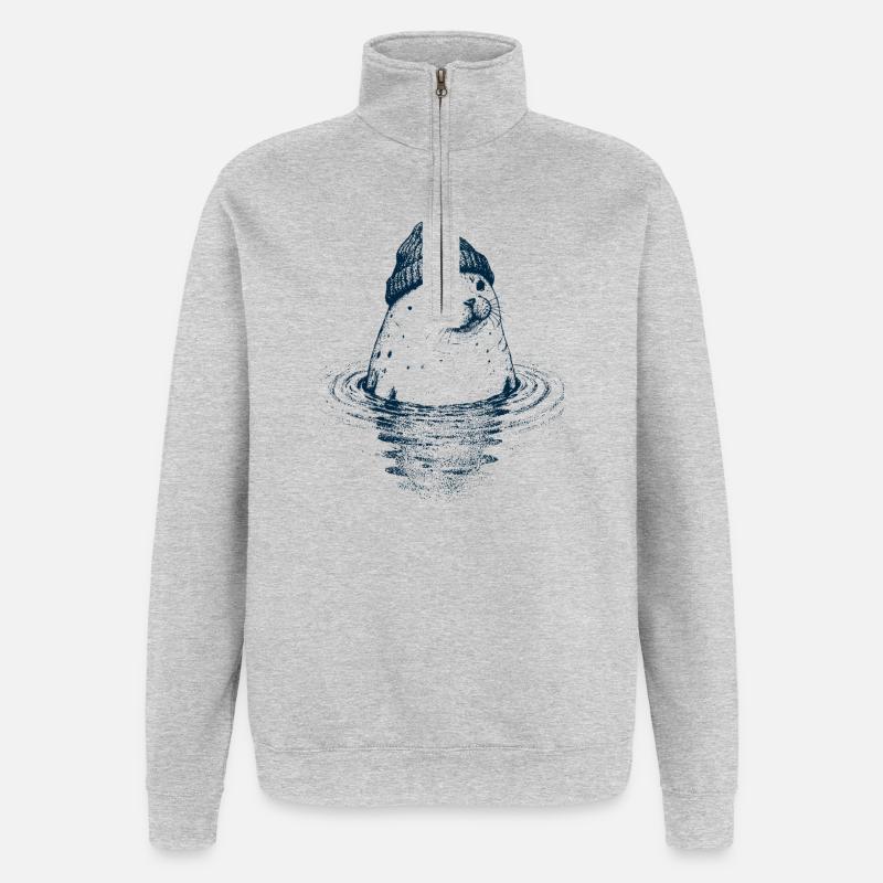Robbe mit Mütze - Quarter-Zip-Sweatshirt - Grau meliert