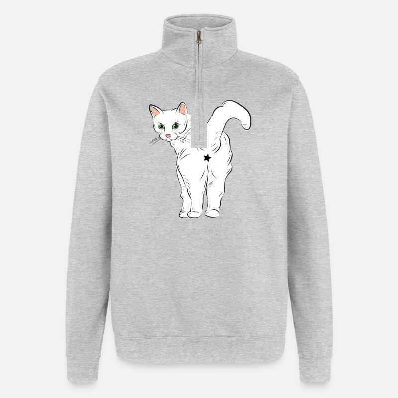 Chat blanc avec logo étoile - Sweat à zip 1/4 - gris chiné