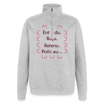 Entendu. Reçu. Retenu. Poils au… Noir Rose - Sweat à zip 1/4 - gris chiné - Devant - AI Model Female 172 light (172cm) & AI Model Male 178 dark (178cm)