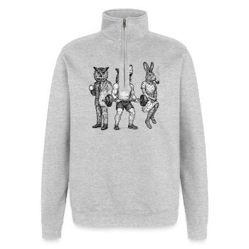Anthro-Trio: Fitnessstudio, Büro & Pipe - Quarter-Zip-Sweatshirt - Grau meliert - Vorne - AI Model Female 172 light (172cm) & AI Model Male 178 dark (178cm)