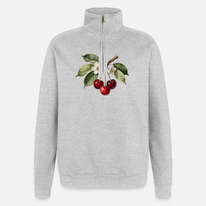 Cherry and botanical flower engraving - Quarter-Zip Sweatshirt - heather grey