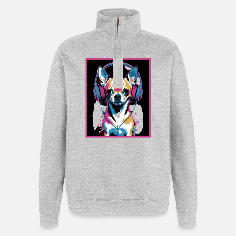 Chihuahua mit Kopfhörer - Quarter-Zip-Sweatshirt - Grau meliert
