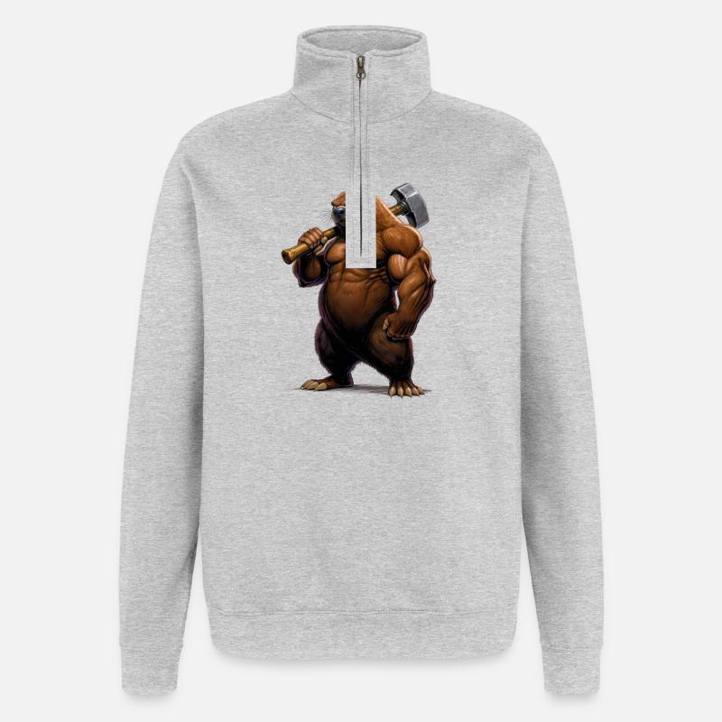 Taupe comique musclée avec marteau - Sweat à zip 1/4 - gris chiné