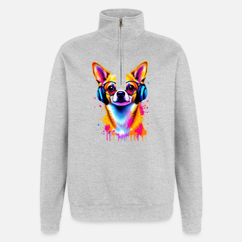 Chihuahua Hund mit Kopfhörer - Quarter-Zip-Sweatshirt - Grau meliert
