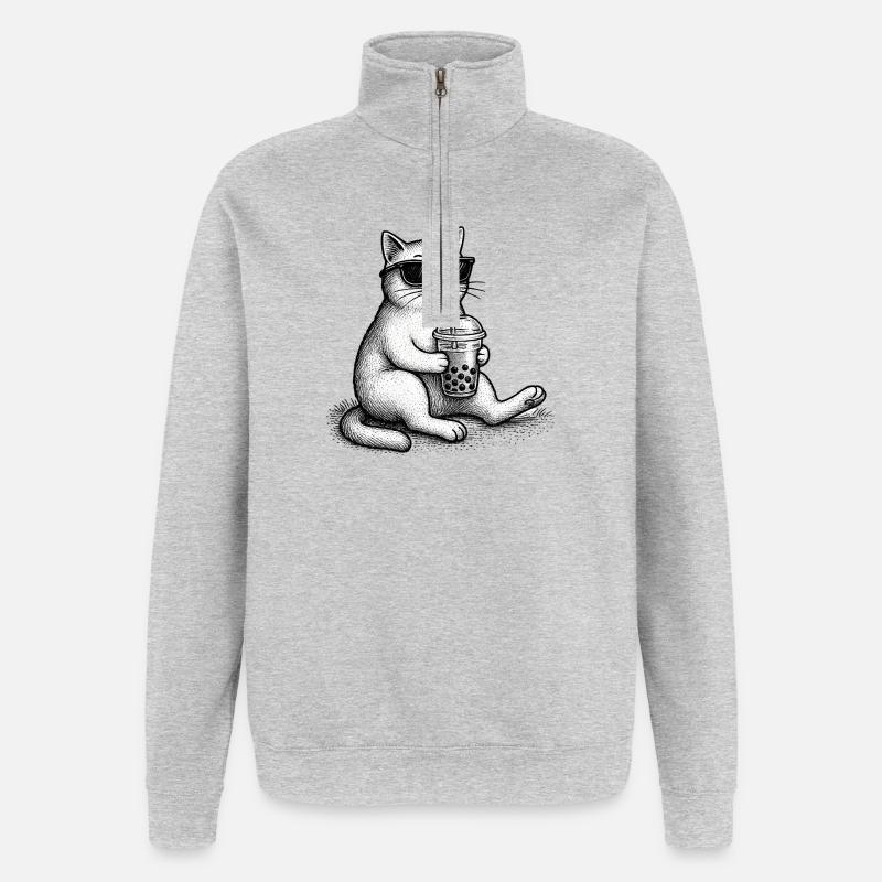 Bubble Tea Cat - Quarter-Zip Sweatshirt - heather grey