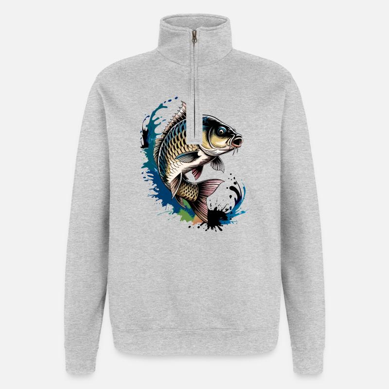 Pêche à la carpe - Sweat à zip 1/4 - gris chiné