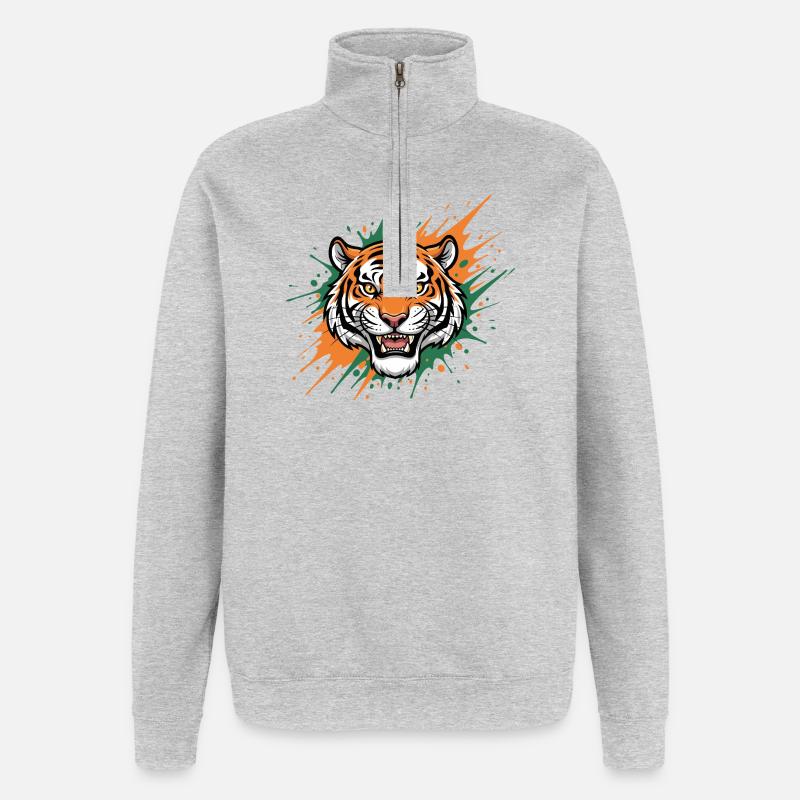 Art éclaboussuré de tête de tigre - Sweat à zip 1/4 - gris chiné