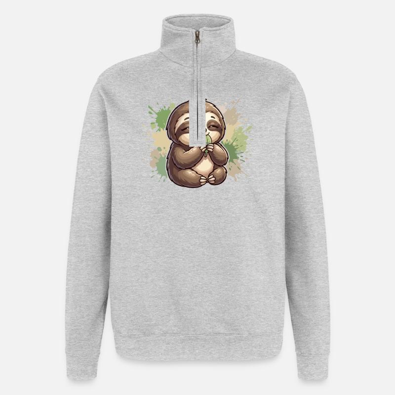 Faultier mit Blattkuscheln - Quarter-Zip-Sweatshirt - Grau meliert