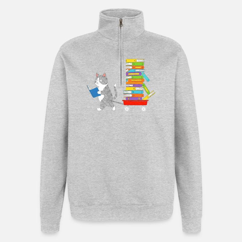 Lesekätzchen zieht Bücherwagen - Quarter-Zip-Sweatshirt - Grau meliert