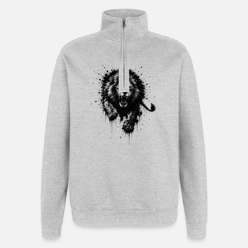 Lion en silhouette éclaboussure - Sweat à zip 1/4 - gris chiné