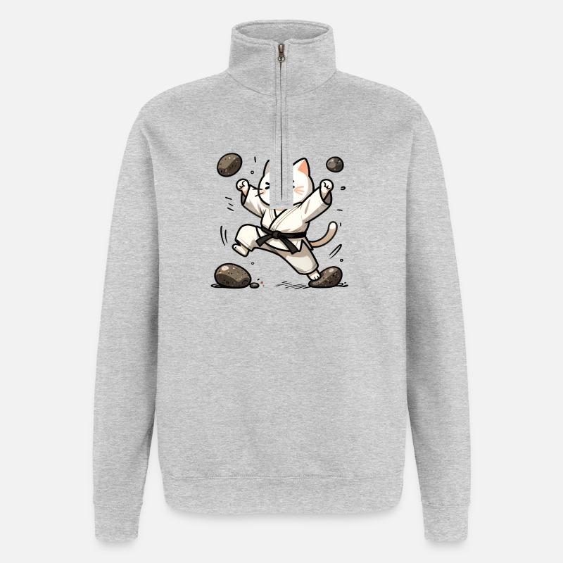 Karate Cat in White Gi - Quarter-Zip Sweatshirt - heather grey