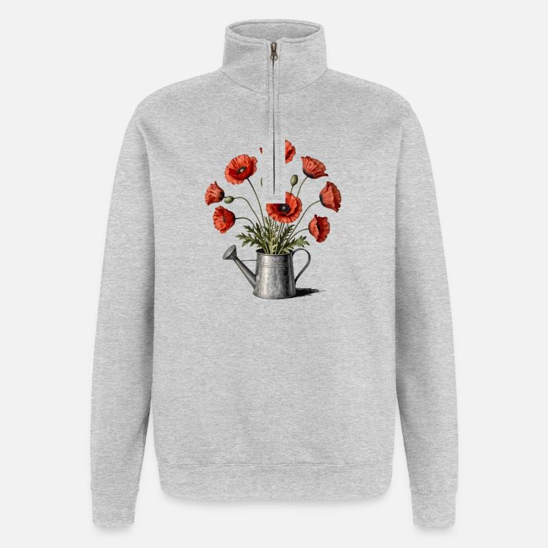 Mohnblumen in einer Gießkanne - Quarter-Zip-Sweatshirt - Grau meliert