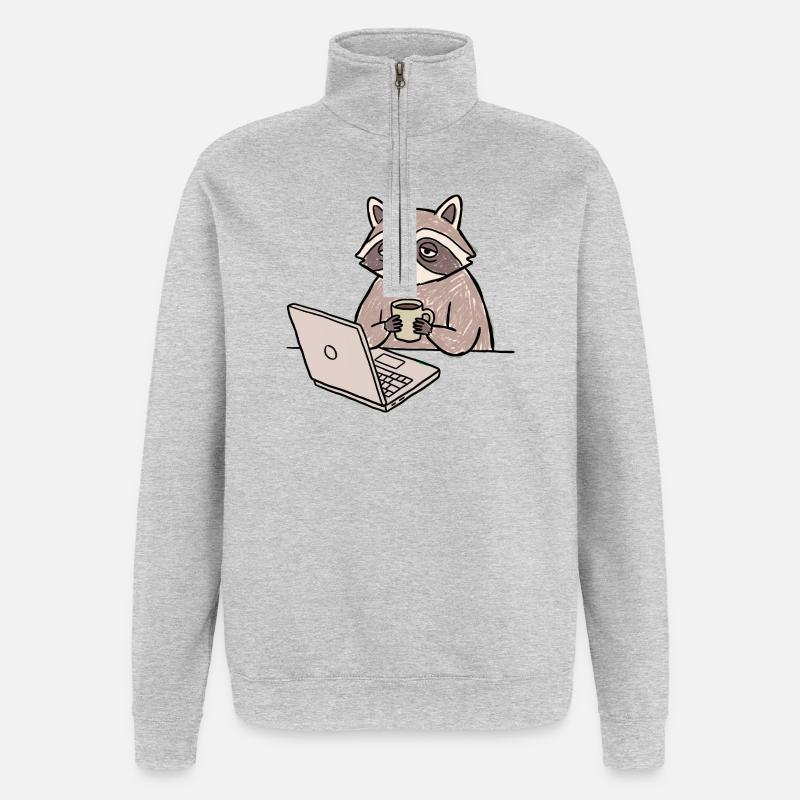 Müder Waschbär Kaffee & Laptop - Quarter-Zip-Sweatshirt - Grau meliert
