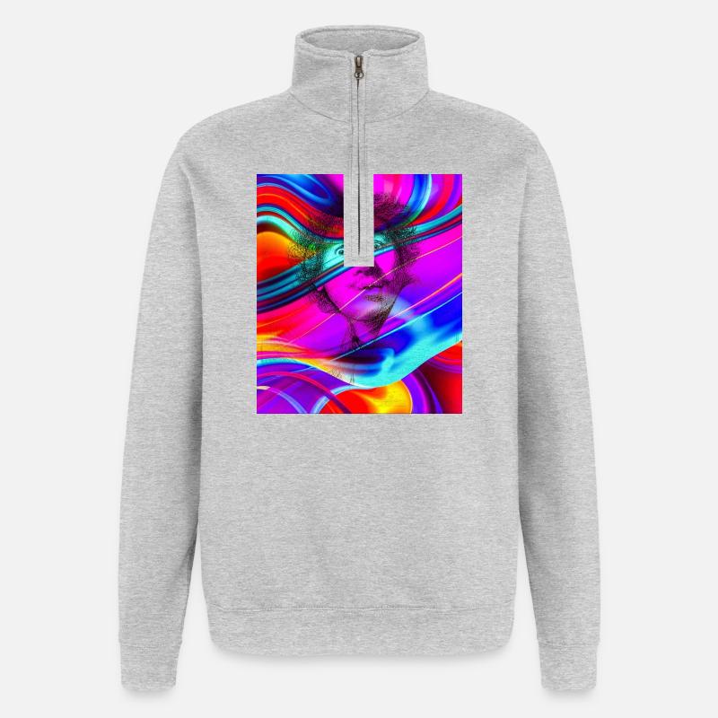 Psychedelisches Porträt im Farbfluss - Quarter-Zip-Sweatshirt - Grau meliert