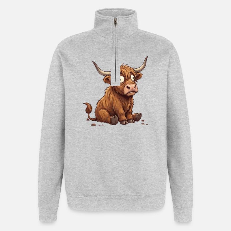 Bovin Cartoon Ébahi Rustique - Sweat à zip 1/4 - gris chiné