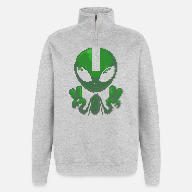 Pixel Green Alien Peace Sign - Quarter-Zip Sweatshirt - heather grey