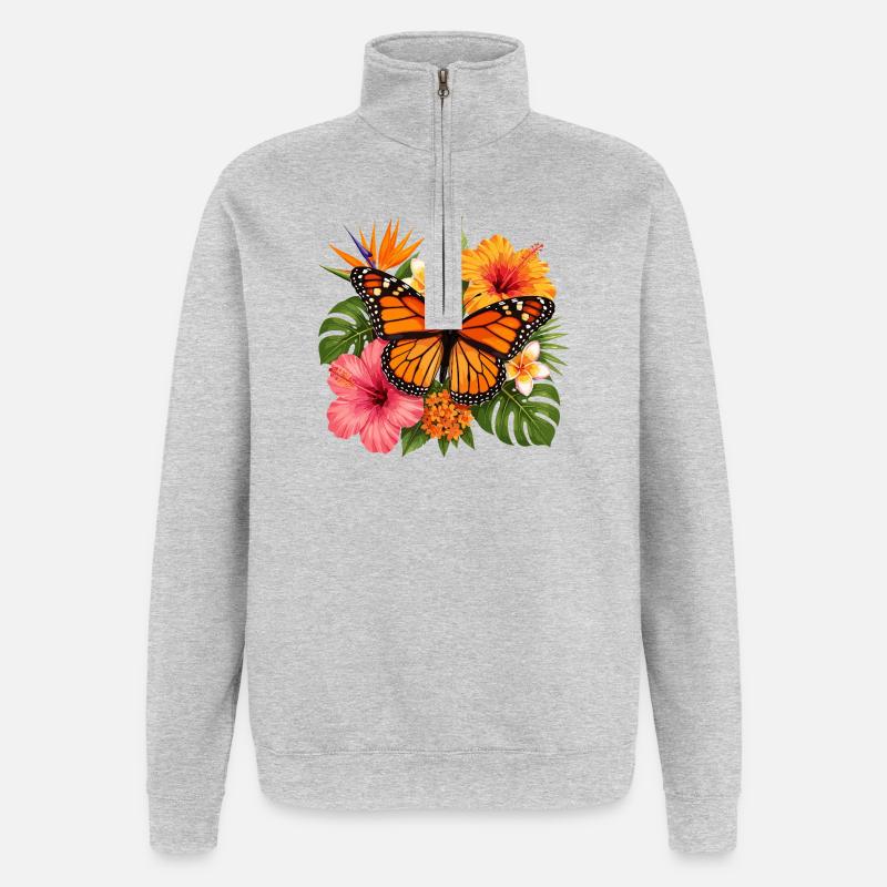 Fleur tropicale du papillon monarque - Sweat à zip 1/4 - gris chiné