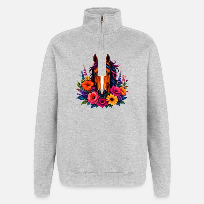 Pferd mit Blütenkranz - Quarter-Zip-Sweatshirt - Grau meliert