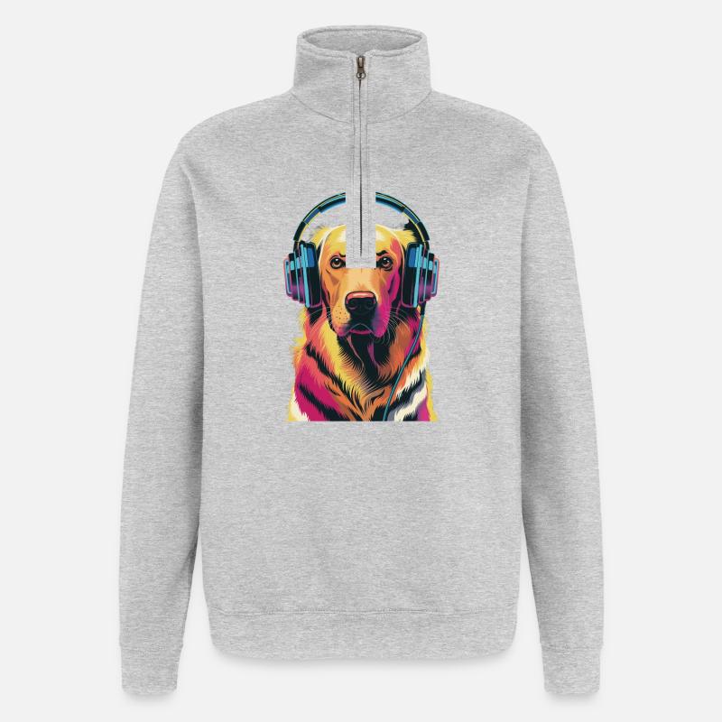 Golden Retriever mit Kopfhörern - Quarter-Zip-Sweatshirt - Grau meliert