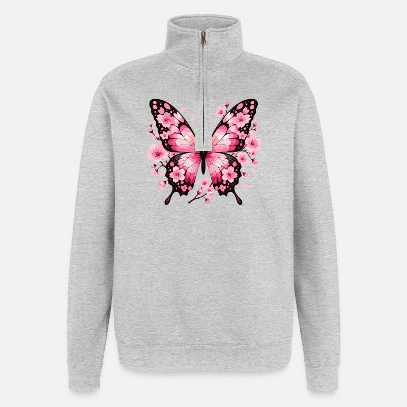 Papillon aux ailes de fleurs roses - Sweat à zip 1/4 - gris chiné