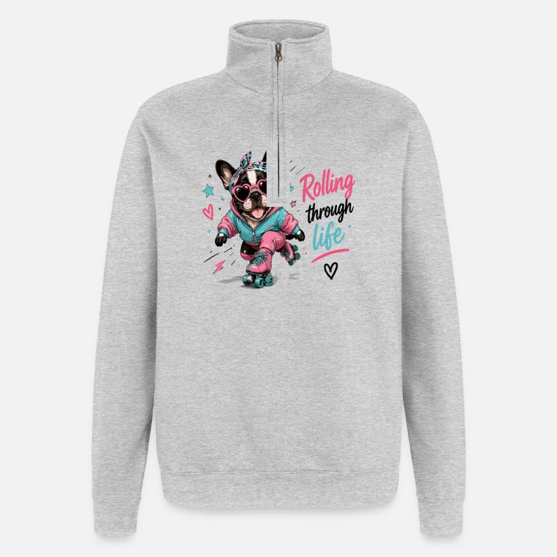 Rollender Hund – Lebensfreude - Quarter-Zip-Sweatshirt - Grau meliert