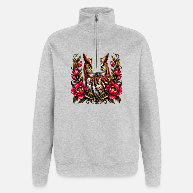 WaldEule im Blütenkranz - Quarter-Zip-Sweatshirt - Grau meliert