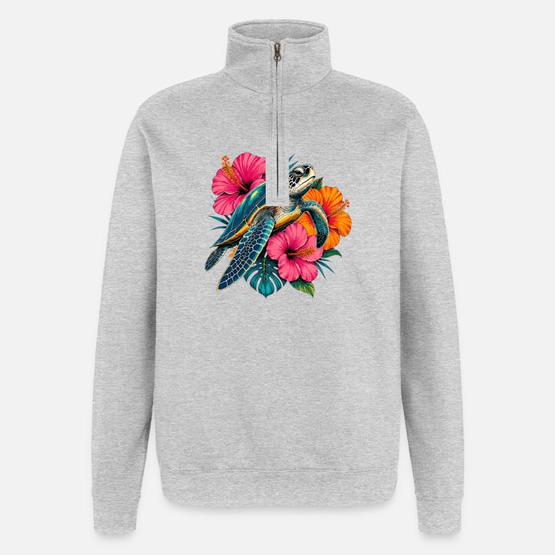 Turtle in tropical blossom design - Quarter-Zip Sweatshirt - heather grey